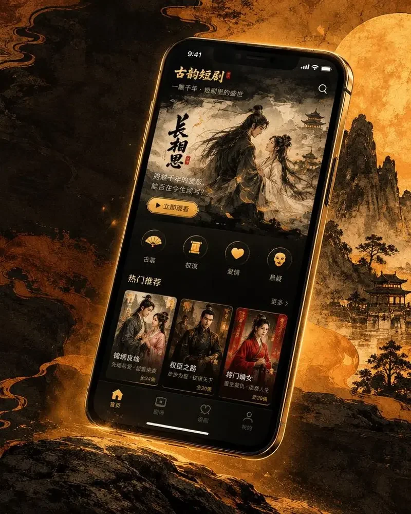 黄果视频APP界面预览，深色剧场风格剧集列表